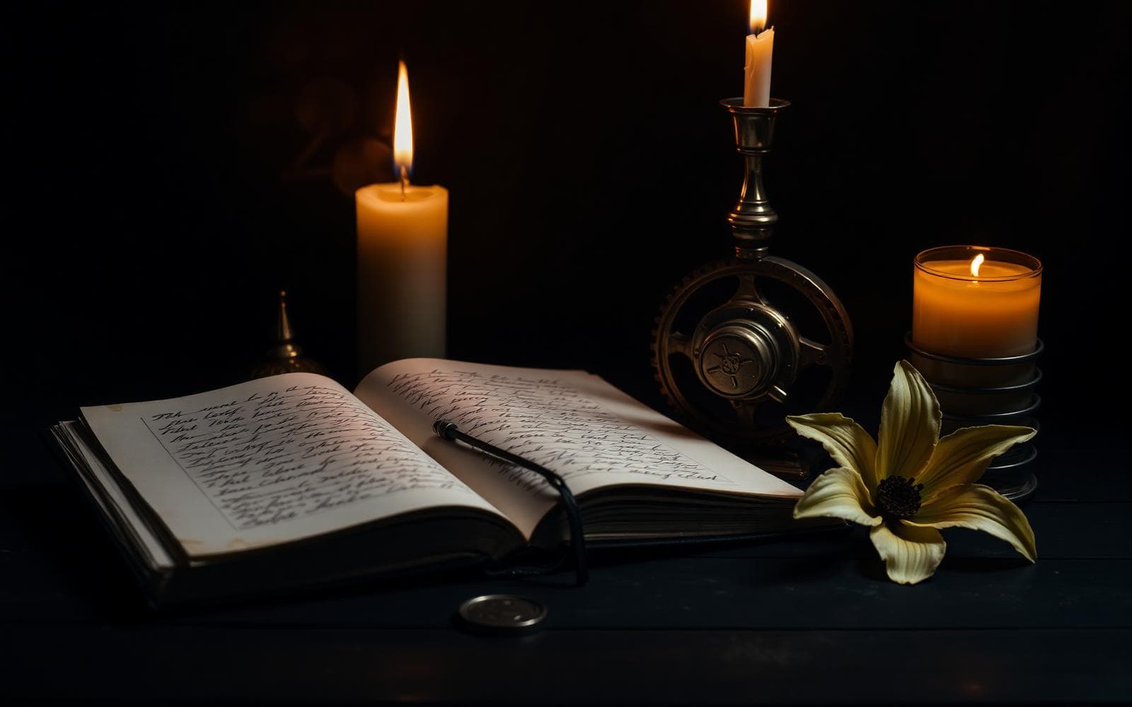 Grimoire ouvert, plume et encre sur une table de bois