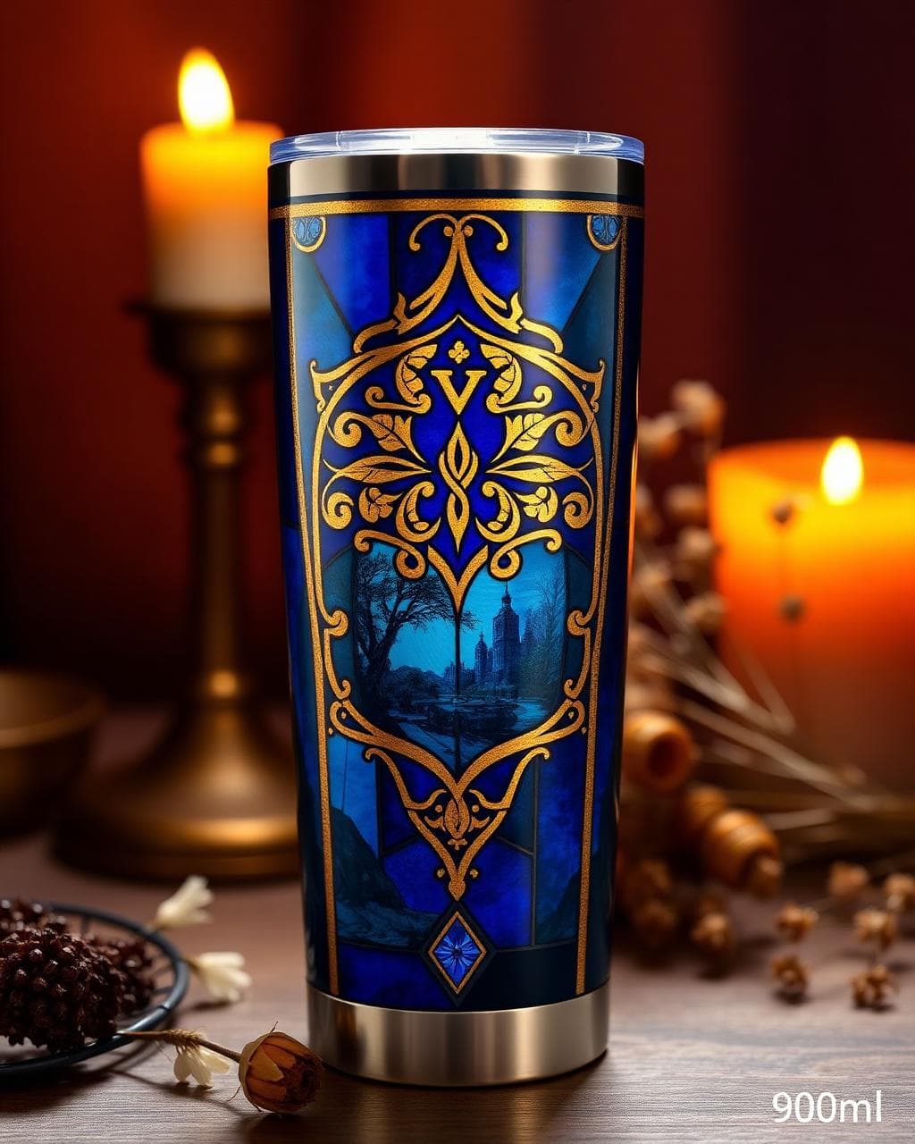Tumbler à décor de vitrail bleu et or