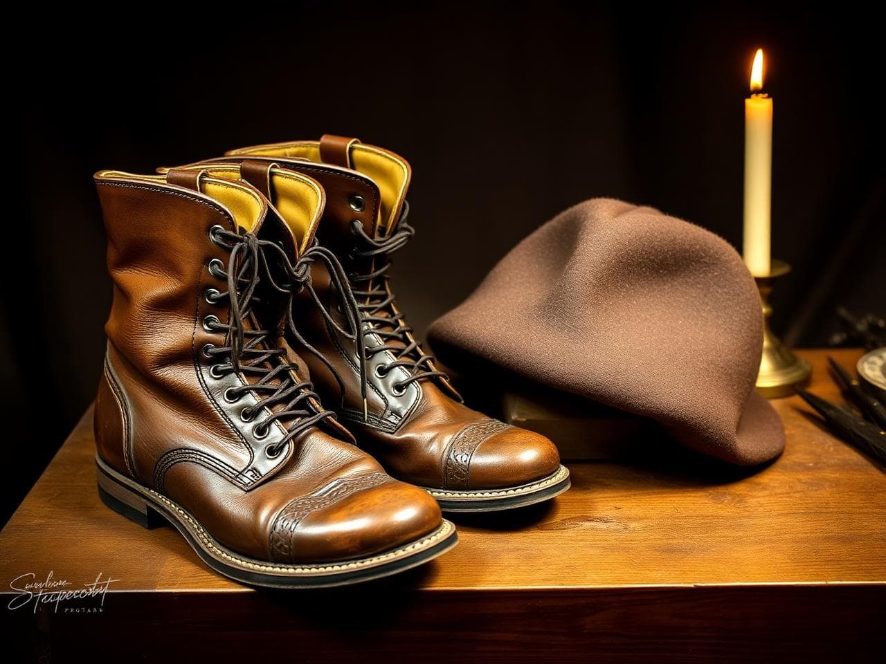 Bottines de cuir restaurées aux coutures dorées et chapeau de feutre au ruban refait